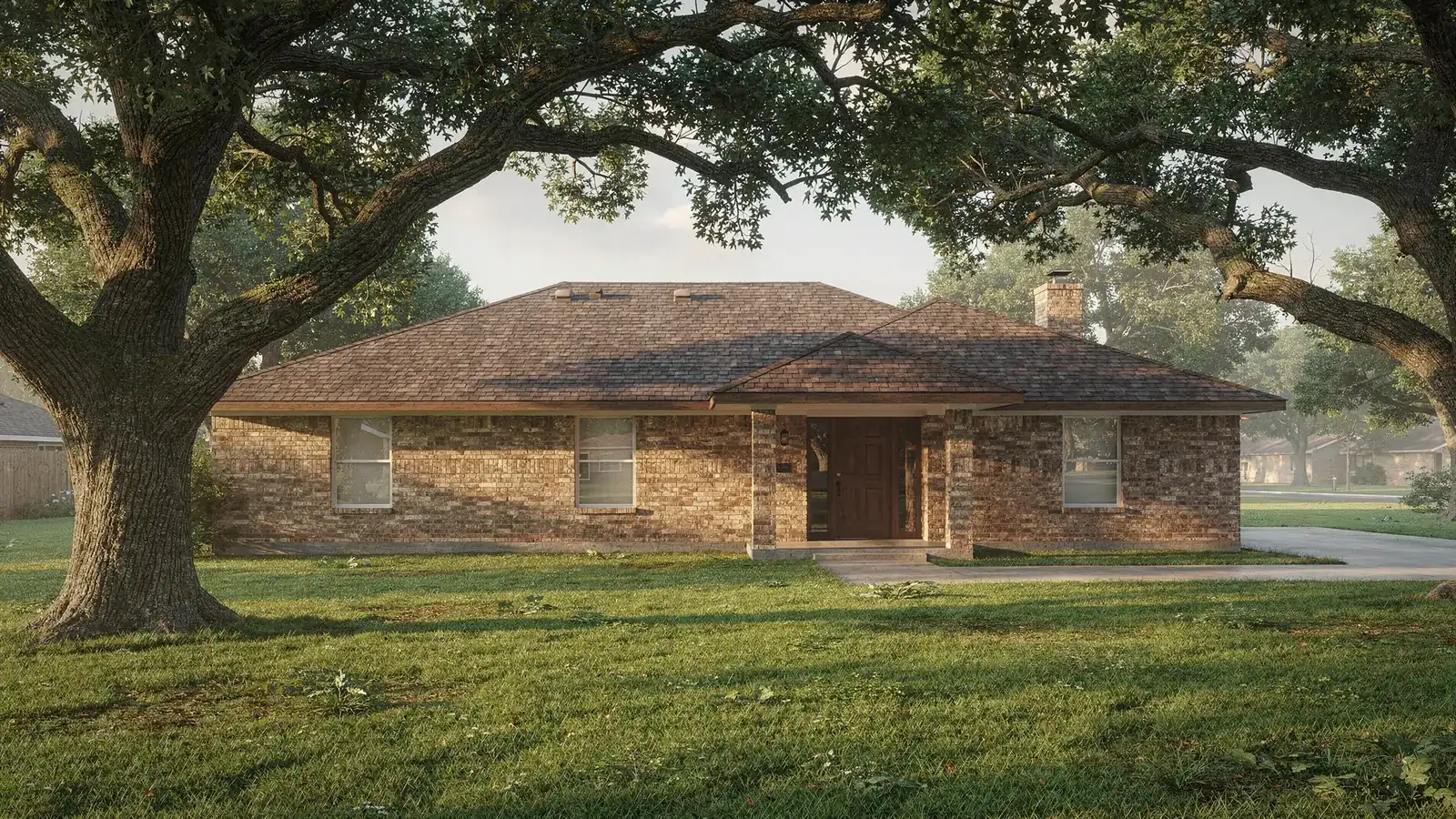 A Brazos Valley brick home with a new shingle roof under live oaks